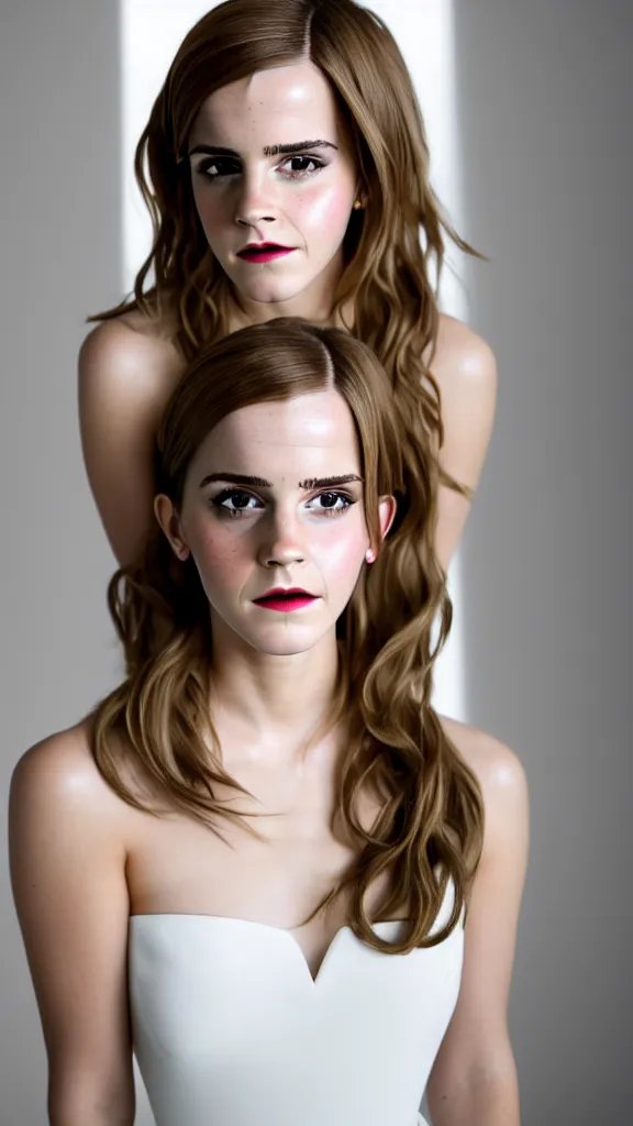 Image similar to detailed photo of emma watson cosplaying adam sandler wearing open toe high heels and wearing a white dress in a white room looking up, beautiful face, pale skin, rule of thirds, cinematic lighting, sharp focus, backlit, stunning, smooth, hard focus, full body shot, studio photo, shot on sony a 7 iii, hyper realistic, camera sony nicon