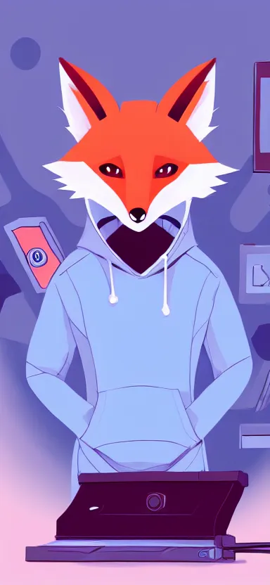 Prompt: a concept art of an anthropomorphic fox in a blue hoodie hacking a computer, artstation, digital art, oc commission, high detailed, stylised, league of legends, illustration