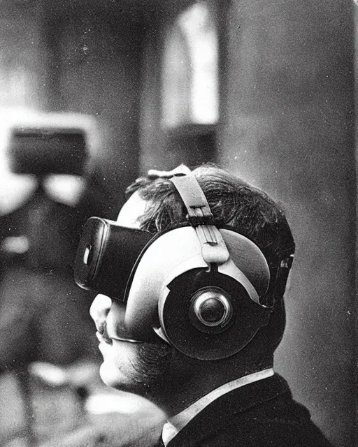 Image similar to 1 9 0 0 s photo of a person wearing a vr virtual reality headset