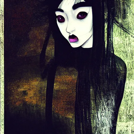 Image similar to yoshitaka amano blurred and dreamy realistic three quarter angle portrait of a young woman with black lipstick and black eyes wearing dress suit with tie, junji ito abstract patterns in the background, satoshi kon anime, noisy film grain effect, highly detailed, renaissance oil painting, weird portrait angle, blurred lost edges