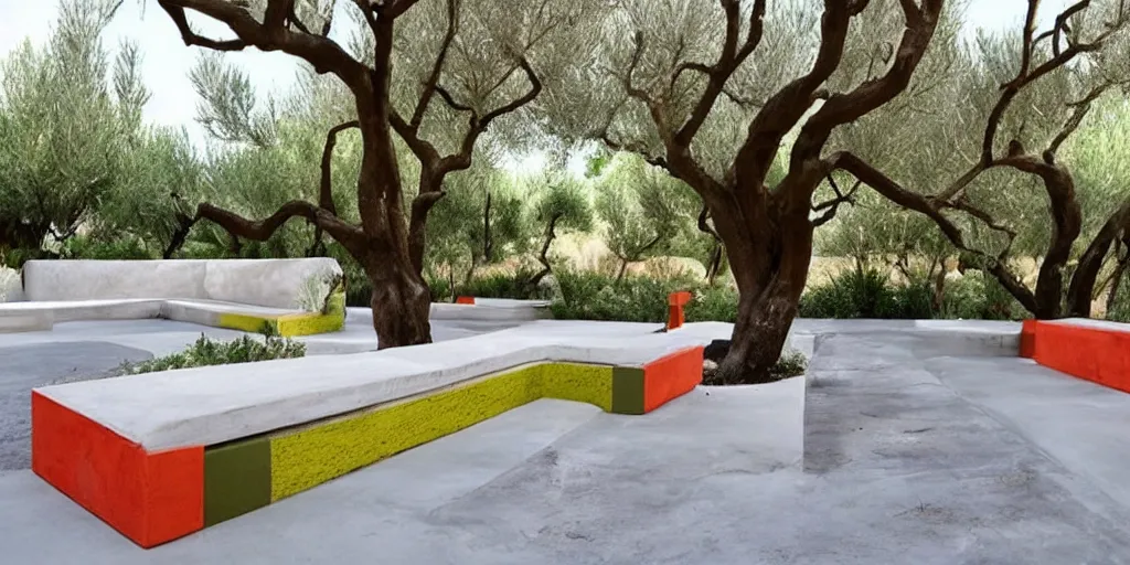 Image similar to creative concrete benches, colorful, olive trees, decking