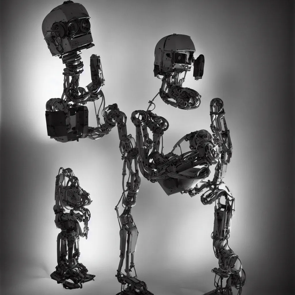 Prompt: studio portrait photo of a 50's robot, 50mm, kodak, backlit, steve mccurry, film