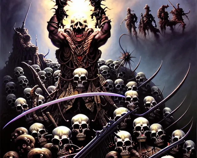 Image similar to the army of darkness and skulls, fantasy character portrait made of fractals facing each other, ultra realistic, wide angle, intricate details, the fifth element artifacts, highly detailed by peter mohrbacher, hajime sorayama, wayne barlowe, boris vallejo, aaron horkey, gaston bussiere, craig mullins