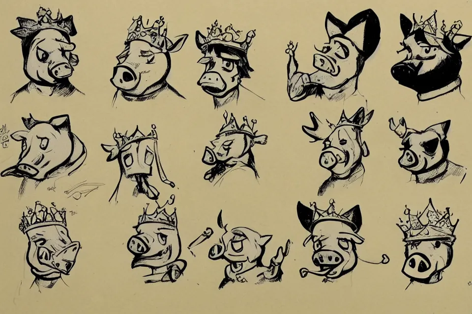 Prompt: concept sketches of a pig wearing a gold crown by jamie hewlett, in the style of 1930s cartoons