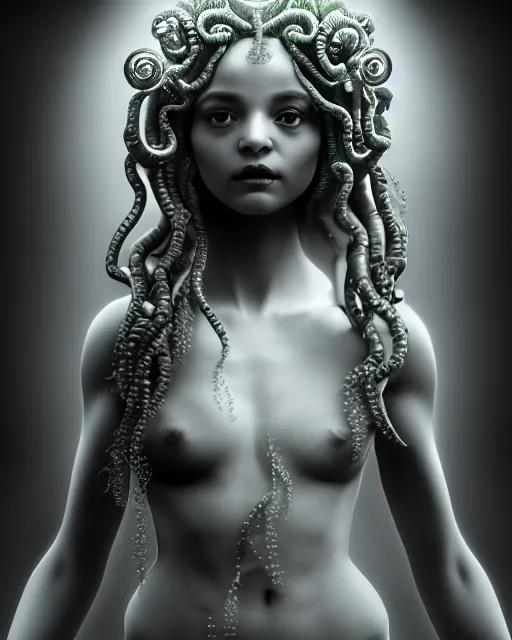 Image similar to surreal mythical dreamy underwater artistic black and white 3 d render of a translucent beautiful young female angelic - medusa - vegetal - doll, highly detailed, intricate crystal ivy jelly ornate, poetic, translucent algae ornate, digital art, octane render, 8 k artistic photography, photo - realistic, hg giger flora borsi