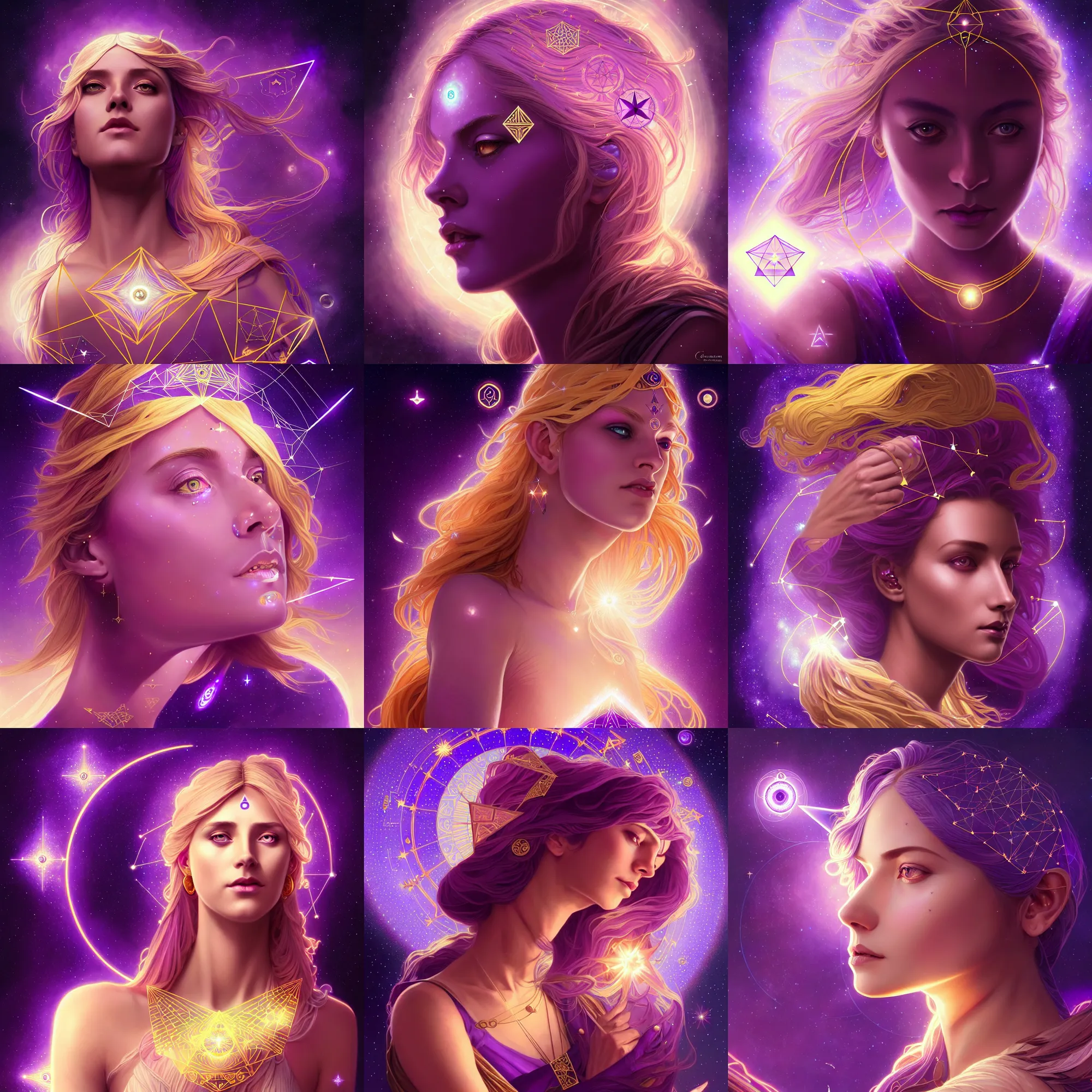 Image similar to a gallent goddess with glowing purple third eye chakra and golden hair, geometric third eye triangle, sci - fi face, constellation geometry mandal background, breathtaking stars, elegant, highly detailed, digital painting, artstation, concept art, smooth, sharp focus, spiritual art, art by artgerm and greg rutkowski and alphonse mucha, psychedelic