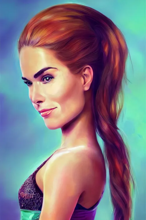 Prompt: portrait of a mix of beautiful young maria shriver, mariel hemmingway, brooke shields, nicole kidman and elle macpherson as a mermaid, thin lips, hair tied up in a pony tail, colorful artstation, cgsociety