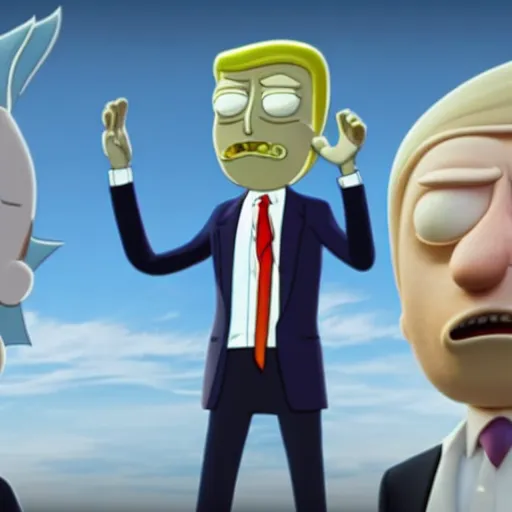 Image similar to Donald Trump with ricks body from Rick & Morty, realistic artstyle, wide shot, dramatic lighting, octane render, hyperrealistic, high quality, highly detailed, HD, beautiful, cinematic, 8k, unreal engine, facial accuracy, symmetrical