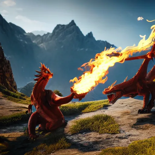 Prompt: dragons, realistic, fire spitting, mountains, landscape, unreal engine, hyper realistic, octane render, unreal engine