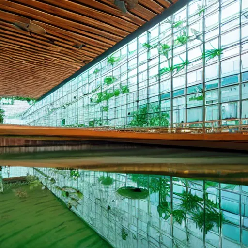 Prompt: professional photgraphy of a museum flooded with green water, water plants and lillies, wooden piers inside, great architecture by renzo piano, ambient light