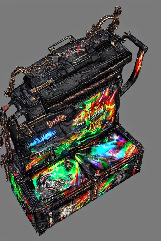 Prompt: photo of a luxury handbag, band merchandise, bandname is tripmachine, tourname is invasion of the tripmachines, realistic digital art, hanbag is textured with a 3 d render of a huge futuristic steampunk generator, 8 k, fluorescent colors, halluzinogenic, multicolored, exaggerated detailed, unreal engine