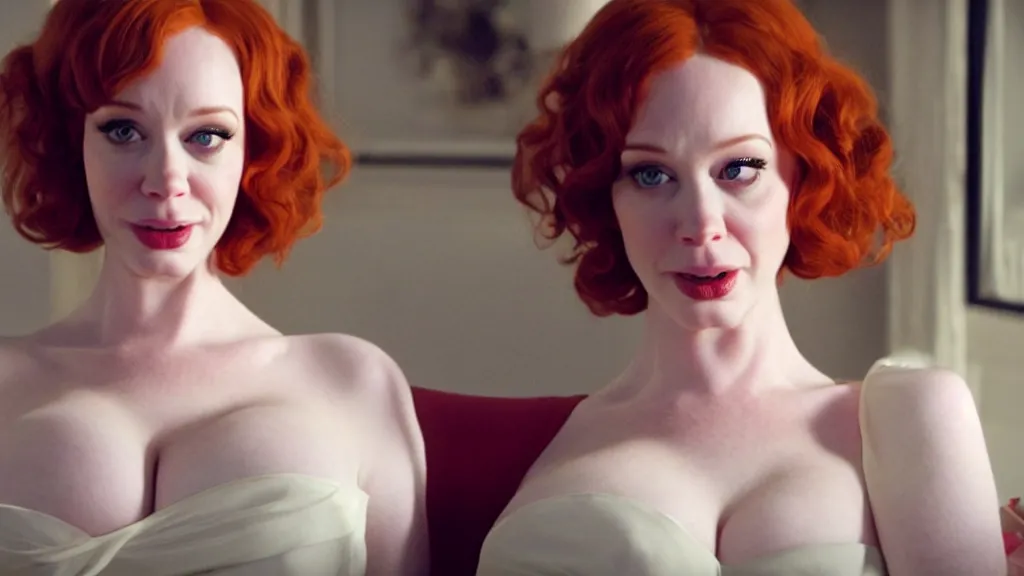 Image similar to a very happy beautiful Christina Hendricks in the living room, film still from the movie directed by Denis Villeneuve with art direction by Salvador Dalí, wide lens