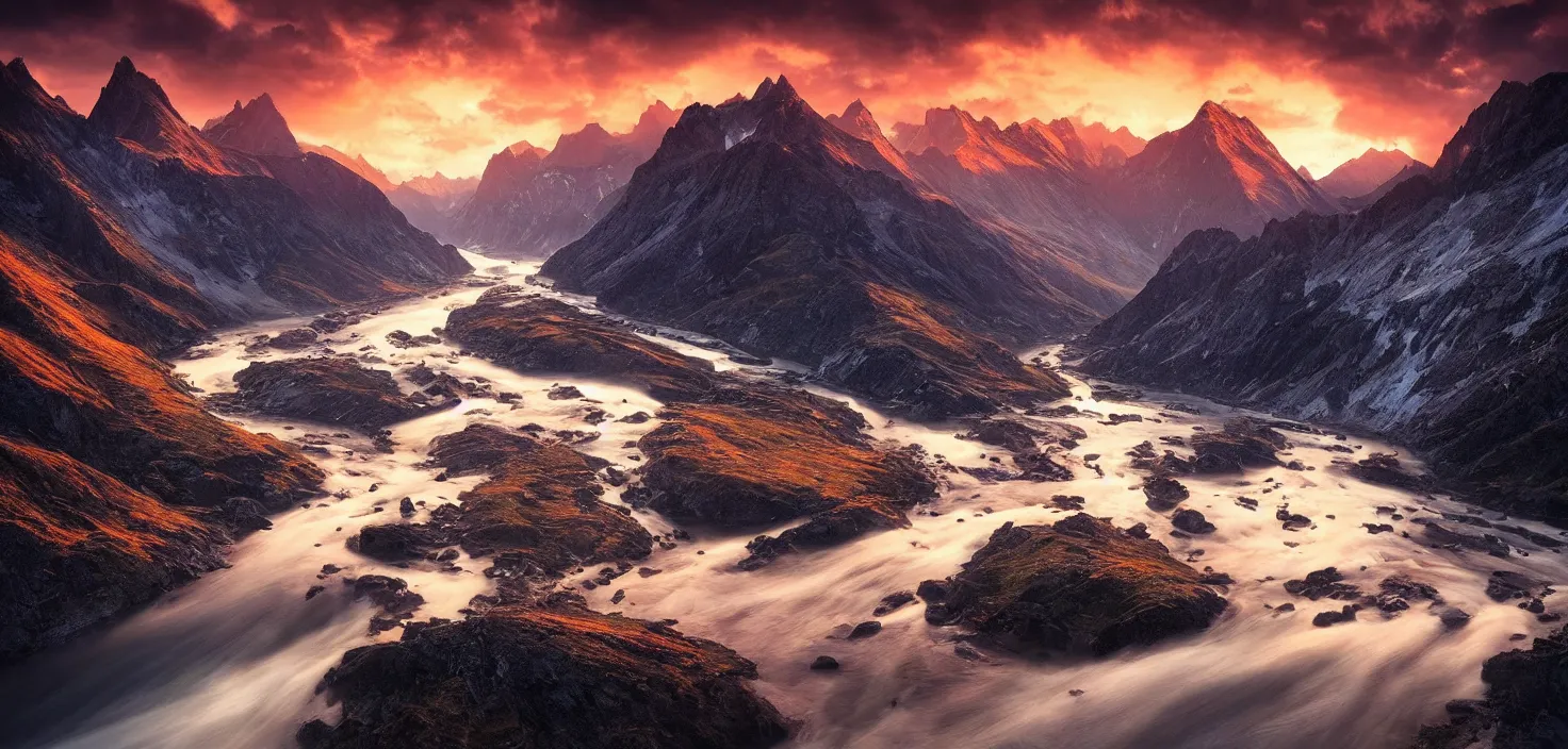 Image similar to amazing landscape photo of mountains with river in sunset by max rive, beautiful dramatic lighting