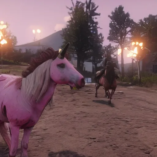 Image similar to pink and white unicorn in red dead redemption 2