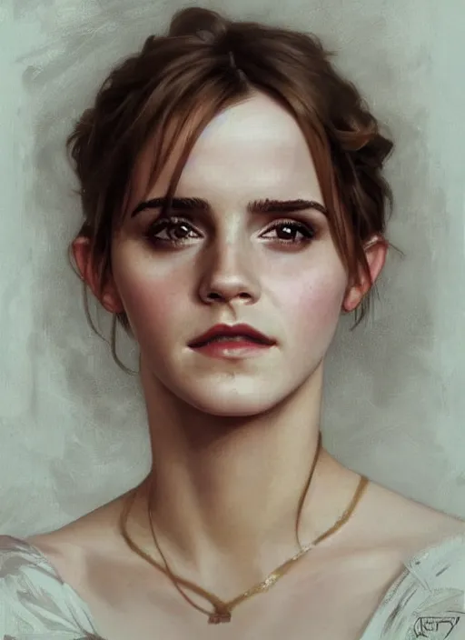 Image similar to oil painting of emma watson giving biting her lip seductive look. beautiful detailed face. by artgerm and greg rutkowski and alphonse mucha