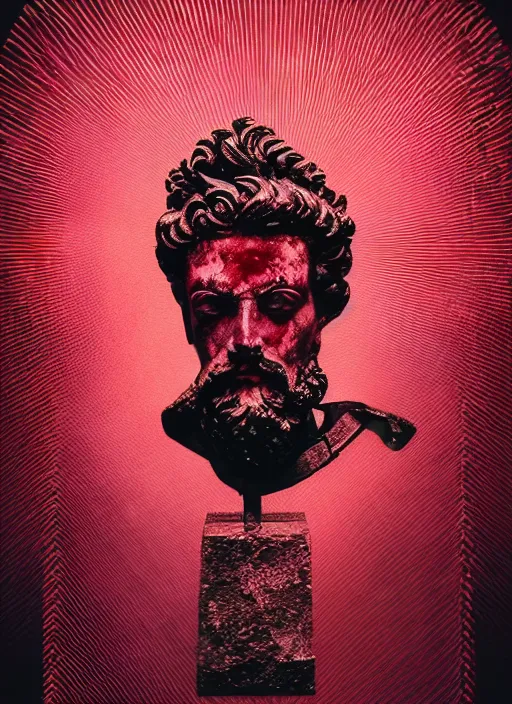 Image similar to dark design poster showing a heroic statue of marcus aurelius, black background with very subtle red and purple design elements, powerful, nekro, vito acconci, thin straight lines, dark, glitch art, neo vaporwave, gritty, layout frame, square, trending on artstation