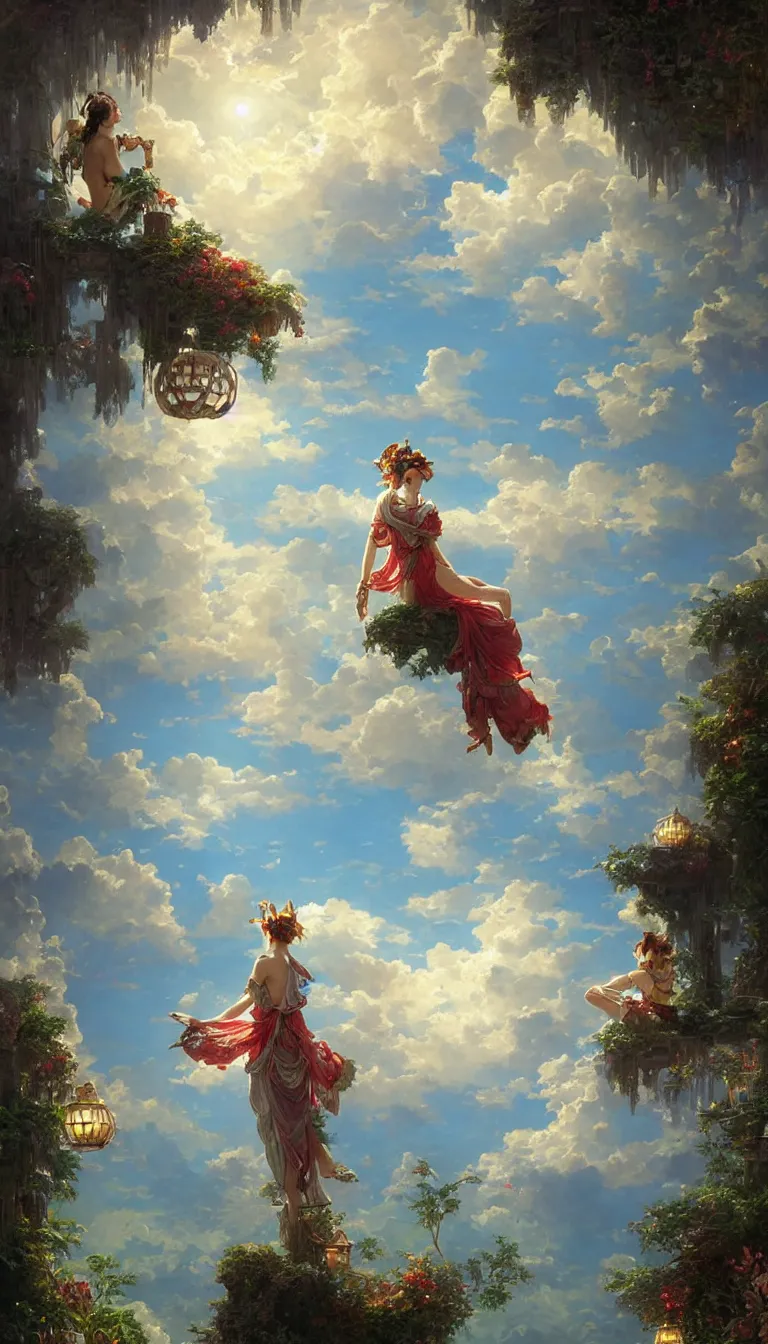 Image similar to wind deity enjoying the view from his stone heavenly palace, decorated with windchimes and paper lanterns, stunning nature and clouds in background, digital art, stanley artgerm lau, greg rutkowski, thomas kindkade, alphonse mucha, loish, norman rockwel