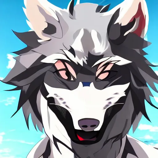 Image similar to key anime visual portrait of an anthropomorphic anthro wolf fursona, in a jacket, with handsome eyes, official modern anime art