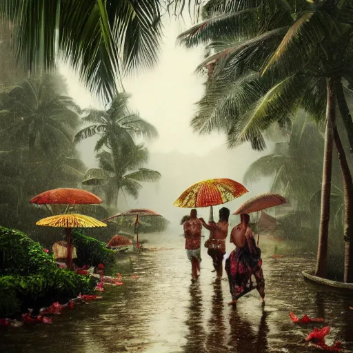 Image similar to monsoon on tropical island, ornate, beautiful, atmosphere, vibe, mist, coconuts, rain, wet, pristine, puddles, melting, dripping, snow, creek, lush, ice, bridge, forest, roses, flowers, by stanley artgerm lau, greg rutkowski, contest winner, trending on artstation