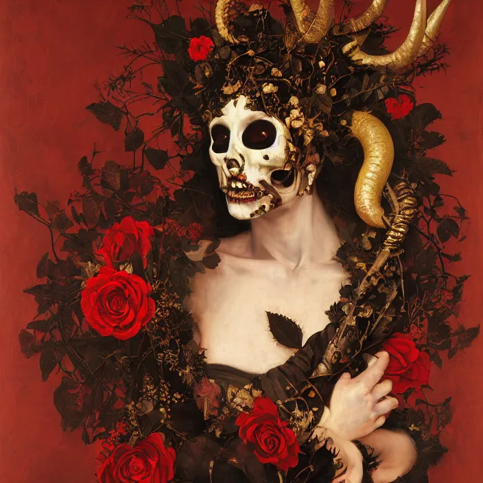 Prompt: portrait of a woman with a golden skull mask on face, a wreath of thorns, a dress of bones and roses, horns, snakes, smoke, flames, full-length, oil painting in a renaissance style , very detailed, red background, painted by Caravaggio, Greg rutkowski, Sachin Teng, Thomas Kindkade, Alphonse Mucha, Norman Rockwell, Tom Bagshaw.