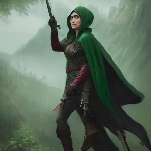 Prompt: an portrait of an hunter woman with a green cape and hoodie on, Matte painting , detailed painting, greg rutkowski