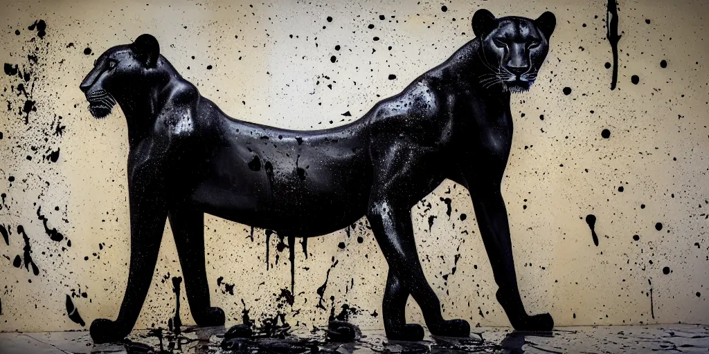 Prompt: the smooth black lioness, made of smooth black goo, in the zoo exhibit, viscous, sticky, full of black goo, covered with black goo, splattered black goo, dripping black goo, dripping goo, splattered goo, sticky black goo. concept art, painting, reflections, black goo, zoo, exhibit