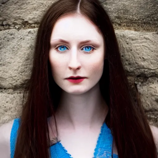 Prompt: beautiful scottish dark haired young woman with pale skin and piercing blue eyes, coy, grateful, humble