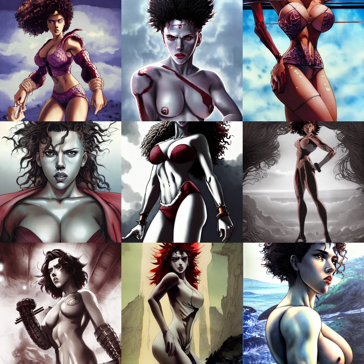 Prompt: scarlett johansson as baki with perfect symmetrical anatomical proportions, afro samurai animes style, by greg rutkowski, pencil and ink, full dynamic colour, dramatic lighting, wide angle lens, full body within frame, wearing swim suite armour, beautiful beach in the background sharp, smooth, intricate detail, hyper detail, magazine cover, vogue