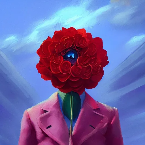 Image similar to closeup, giant rose flower head, frontal, girl in a suit, surreal photography, sunrise, blue sky, dramatic light, impressionist painting, digital painting, artstation, simon stalenhag