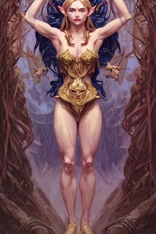 Image similar to portrait of zelda as a herculian demon woman, forest, full body, muscular, fantasy, intricate, elegant, highly detailed, digital painting, artstation, concept art, sharp focus, illustration, art by artgerm and greg rutkowski and alphonse mucha