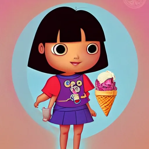 Prompt: dora the explorer as real girl holding ice cream, detailed, intricate complex background, Pop Surrealism lowbrow art style, mute colors, soft lighting, by Mark Ryden and mucha, artstation cgsociety