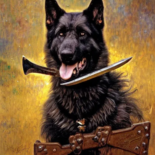 Image similar to a portrait of a black german shepard dogman canine viking with human eyes smiling holding an axe. fantasy highly detailed painting by gaston bussiere craig mullins jc leyendecker gustav klimt artgerm greg rutkowski