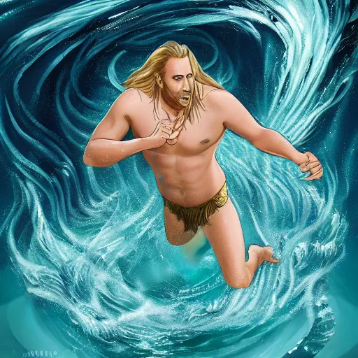 Image similar to a merman swimming through the ocean, long blond hair, with the face of Nicholas Cage, artstation