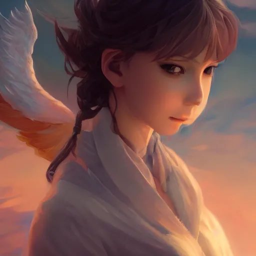 Image similar to an oil painting of a beautiful anime girl with angel wings, by artgerm, wlop and greg rutkowski, hd, hdr, ue 5, ue 6, unreal engine 5, cinematic 4 k wallpaper, 8 k, ultra detailed, high resolution, artstation, award winning