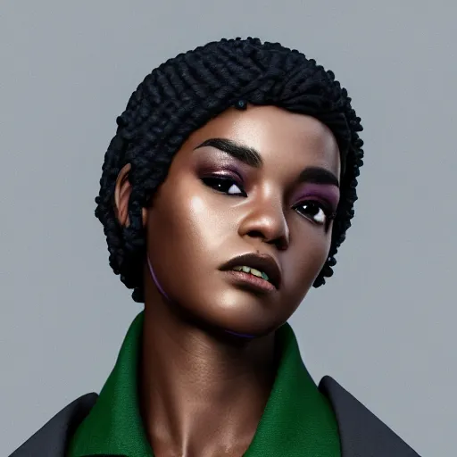 Image similar to black woman with grey bob hairstyle, purple eyes, wearing dark green bomber jacket, realistic 4 k octane beautifully detailed render, 4 k post - processing, highly detailed, intricate complexity, epic composition, magical atmosphere, cinematic lighting, masterpiece, ultra hd