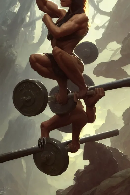 Image similar to anthro sloth lifting weights, dim dingy gym, dynamic pose, fantasy, intricate, elegant, highly detailed, digital painting, artstation, concept art, matte, sharp focus, illustration, art by artgerm and greg rutkowski and alphonse mucha