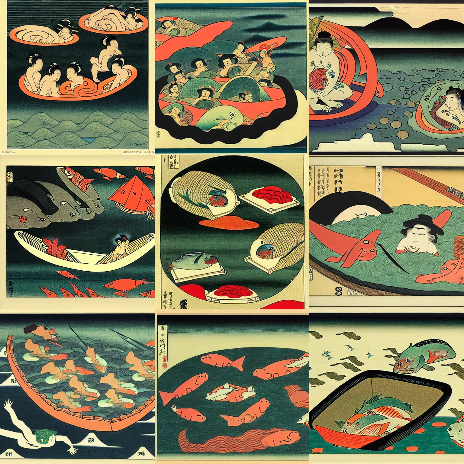 Prompt: small creatures swimming in a dashboard with time series charts, pie plots and other modern graphics. diego rivera ( in ukiyo - e style )