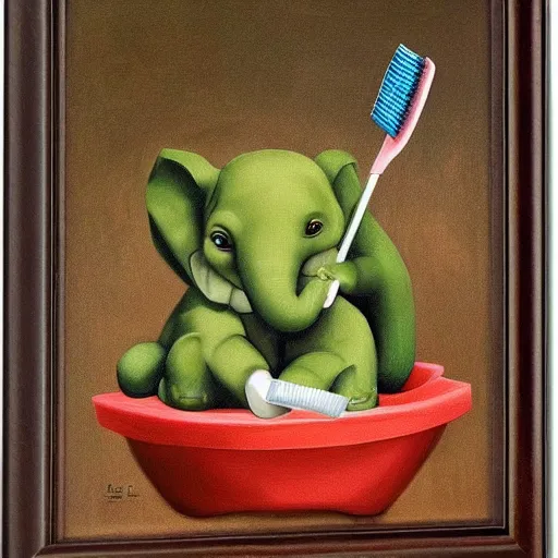 Image similar to cute little green elephant cleaning out a toilet with big toothbrush, dramatic, oil painting by Raphael