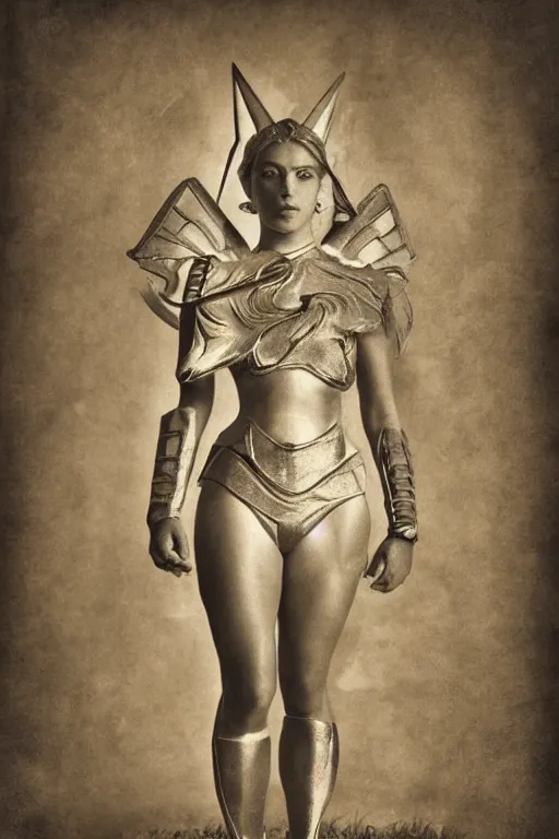 Image similar to she - ra, portrait, full body, symmetrical features, silver iodide, 1 8 8 0 photograph, sepia tone, aged paper, master prime lenses, cinematic