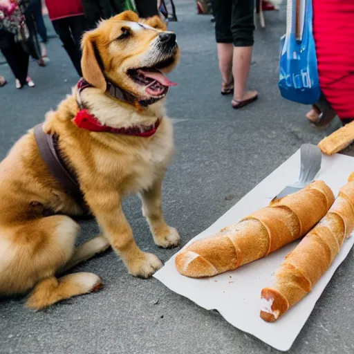 Image similar to san bernardo dog eating a baguette, photography