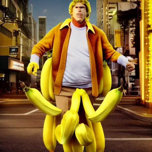 Image similar to will ferrell starring as banana man, movie promo photo, 8 k