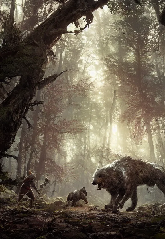 Prompt: a party of adventurers are attacked by a dire wolf in a forest glade, digital art, greg rutkowski, junju ito, unreal engine, octane render, cinematic lighting, highly detailed