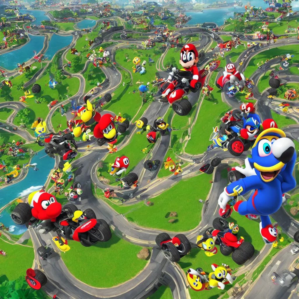 Image similar to new kart race game better then mario kart 8 deluxe from nintendo. made by supercell, disney, pixar.