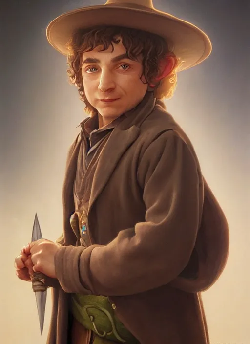 Image similar to a highly detailed airbrush painting of a hobbit mage with a big nose, trending on artstation, unreal 5, daz, hyperrealistic, pathfinder, d & d, rpg, roleplay, art by tristan eaton and artgerm and william adolphe bouguereau