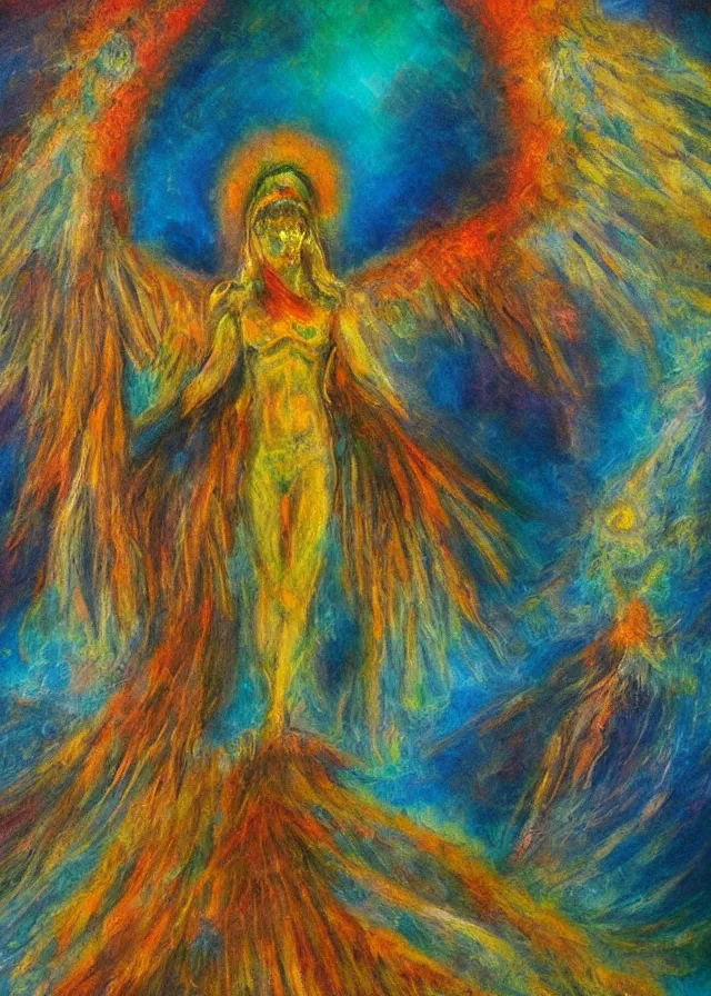 Image similar to last seraphim of the golden mythos beloved (expressionist) (dreamy) gnostic fog, award winning oil painting, chromatic aberration