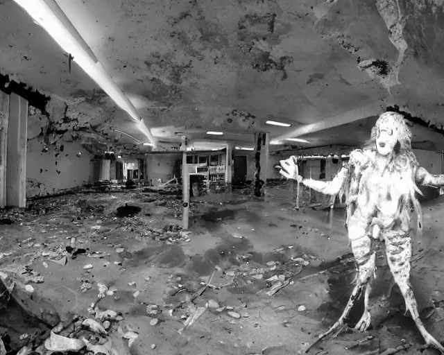 Prompt: camera footage of a extremely aggressive Vomiting Ronald McDonald with a knife and glowing white eyes, False Human Features, in an abandoned shopping mall, Psychic Mind flayer, Terrifying, Insane Ronald McDonald :7 , high exposure, dark, monochrome, camera, grainy, CCTV, security camera footage, timestamp, zoomed in, Feral, fish-eye lens, Fast, Radiation Mutated, Nightmare Fuel, Ancient Evil, No Escape, Motion Blur, horrifying, lunging at camera :4 bloody dead body, blood on floors, windows and walls :5