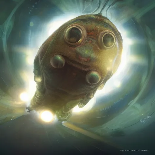 Image similar to detailed science - fiction tardigrade portrait of a tardigrade shooting lasers out of its eyes, intricate, wild, highly detailed, digital painting, artstation, concept art, smooth, sharp focus, illustration, art by artgerm and greg rutkowski and alphonse mucha