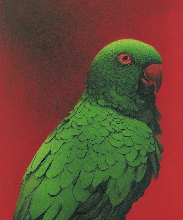 Image similar to beautiful emerald green parrot with red aura and eyes, by zdzisław beksinski, by gustave dore