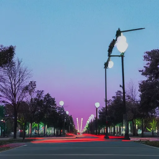 Image similar to boulevard, median with trees, uptown neighborhood, liminal space, traffic lights, blue hour