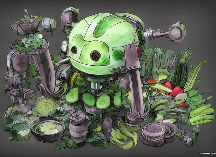 Image similar to robot made of vegetables, in made in abyss style